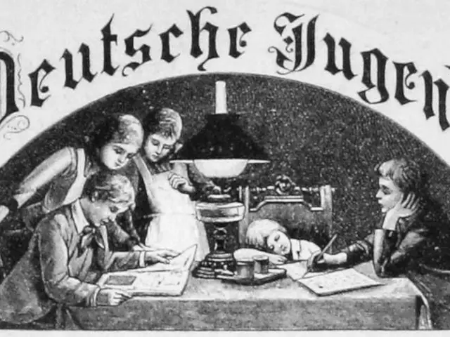 The image shows a group of children sitting around a table with a lamp, books, and other objects on...