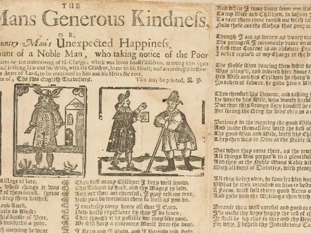 The image shows an old book with a drawing of a man and a woman standing side by side. The man is...