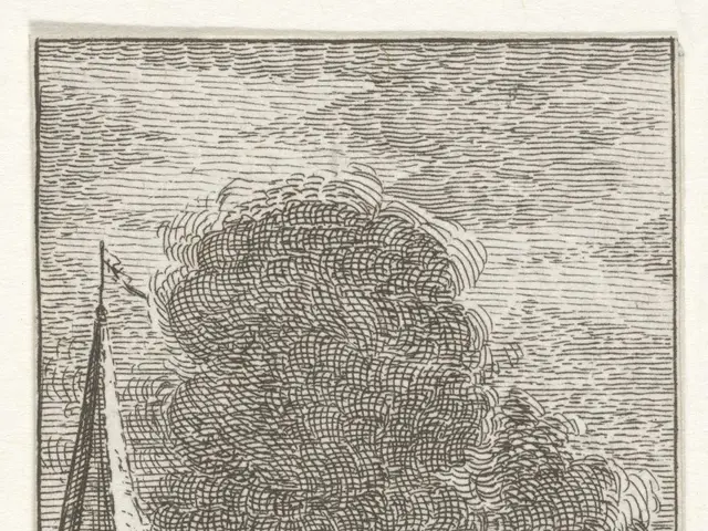 The image shows a black and white drawing of a building engulfed in flames, with a few people...