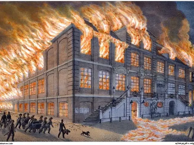 The image shows a large building engulfed in flames with people walking around it. The building has...