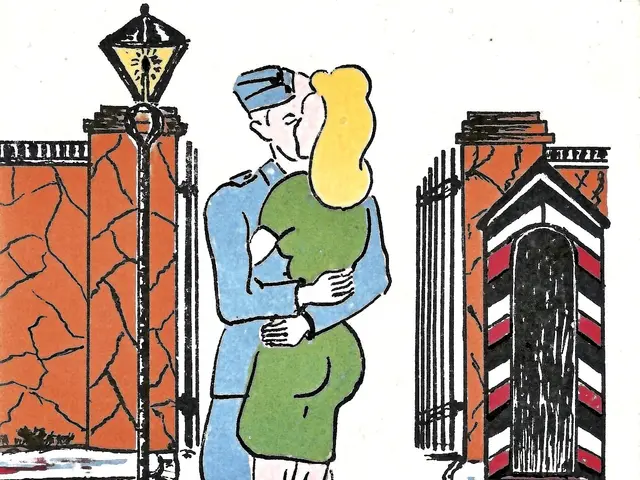 The image shows a man and woman embracing and kissing in front of a street light, with a wall and...