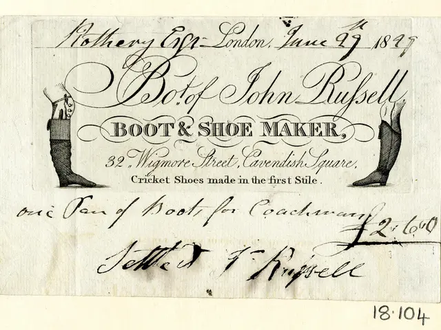 The image shows an old business card with a drawing of a pair of boots on it. The card has text...