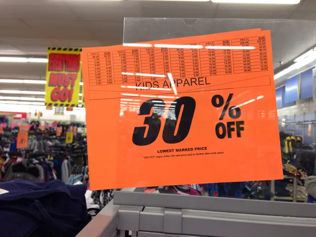 The image shows a store with a sign that reads "Kids Apparel 30% Off" in the foreground. In the...