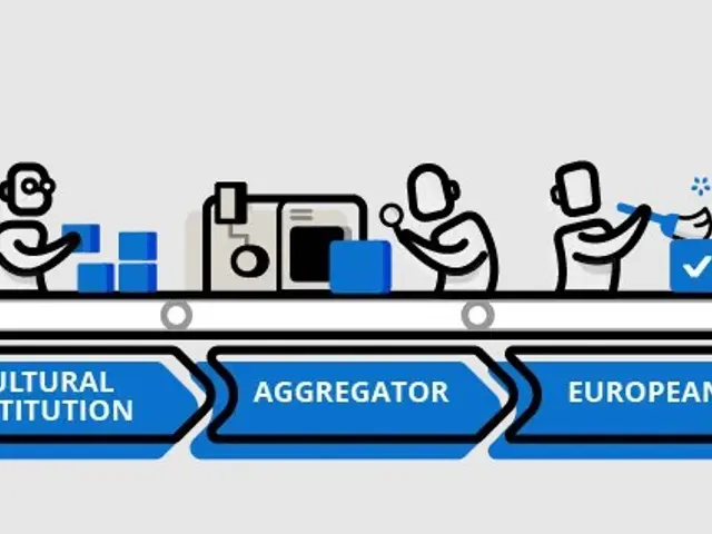 The image shows an animated scene of people, machines, boxes, and other objects, with the words...