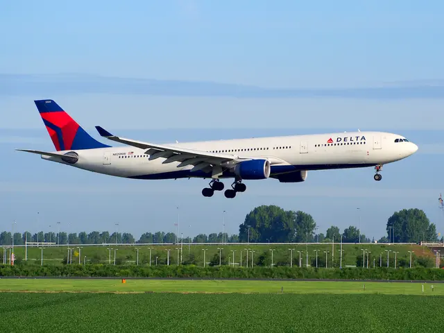 The image shows a Delta Air Lines Boeing 787-9 Dreamliner taking off from Frankfurt Airport, with...