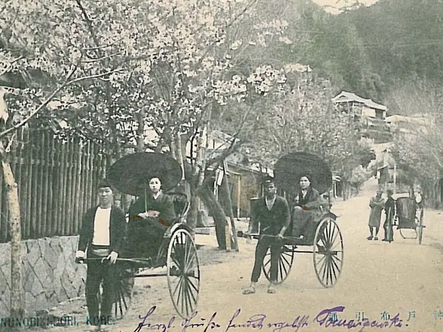 The image shows an old black and white photo of a group of people riding in rickshaws on a road...