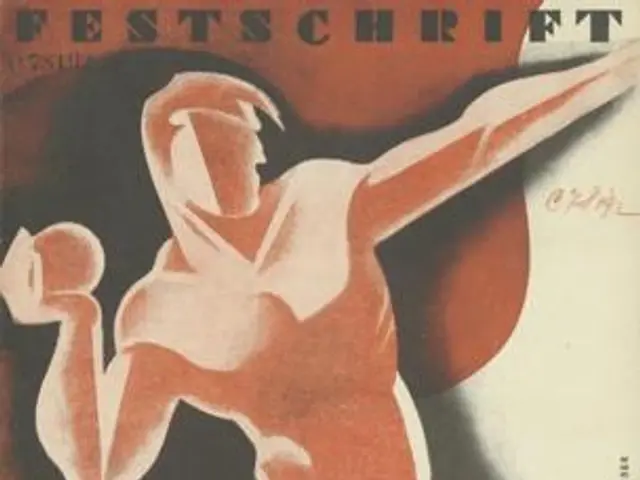The image shows a poster for the 1932 Summer Olympics in Berlin, Germany. It features a person in...
