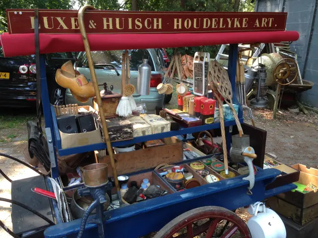 The image shows a blue cart filled with lots of different types of items, such as bottles, boxes,...