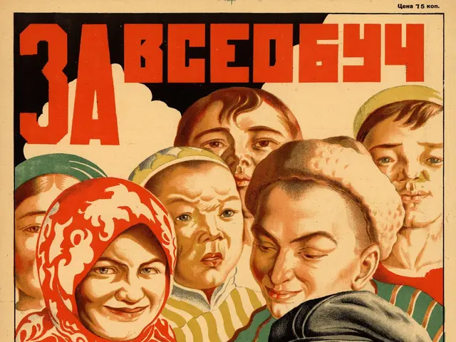 The image shows a Russian propaganda poster for the Soviet Union featuring a group of people...