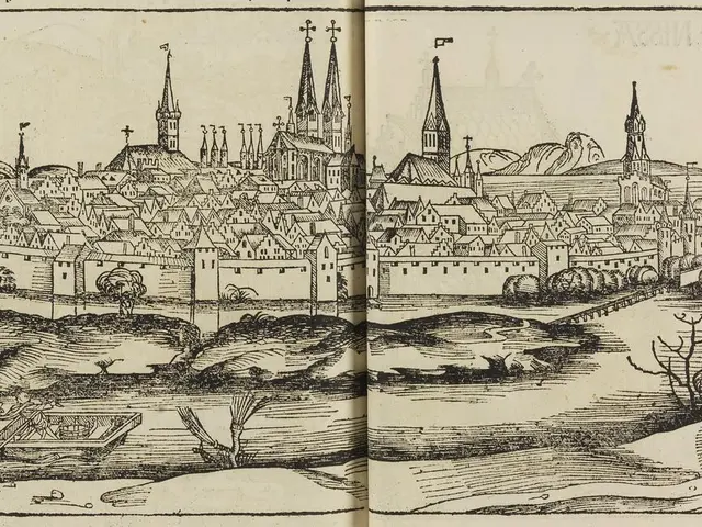The image shows an open book with a drawing of a cityscape from the 16th century, depicting the...
