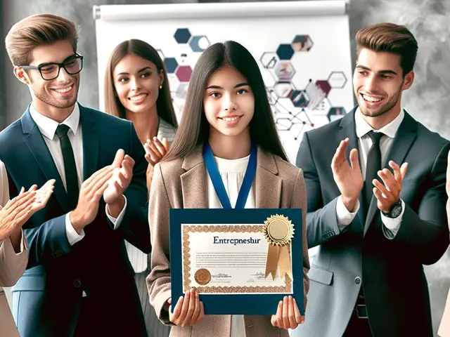 The image shows a group of people standing in front of a whiteboard, clapping and celebrating. The...