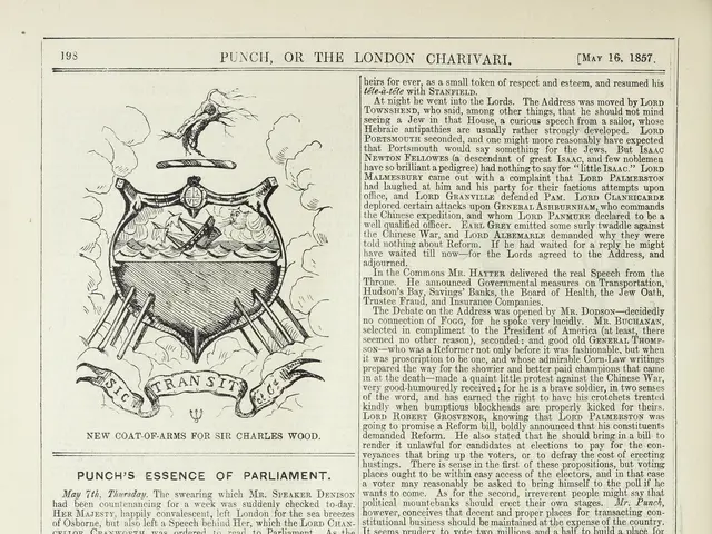 The image shows an open book with a drawing of a coat of arms on it. The book contains text and a...