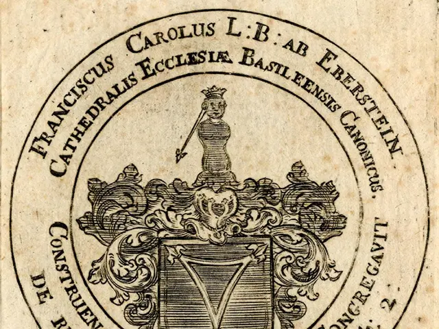The image shows an old book with a coat of arms on it, featuring a logo and text. The logo is a...