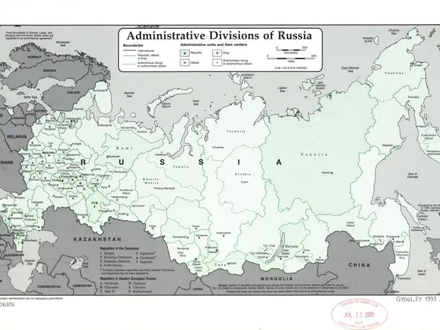 The image shows a poster of a map of Russia with the administrative divisions clearly marked. The...