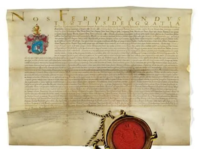 The image shows an old document with a red wax seal on top of it, which is believed to be the...