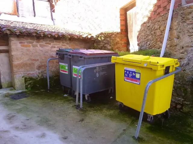 The image shows two yellow and grey trash cans sitting next to each other in front of a building...