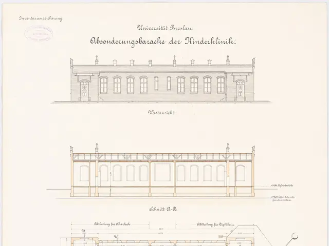 The image shows a drawing of a building with a lot of windows and a floor plan, which is likely a...