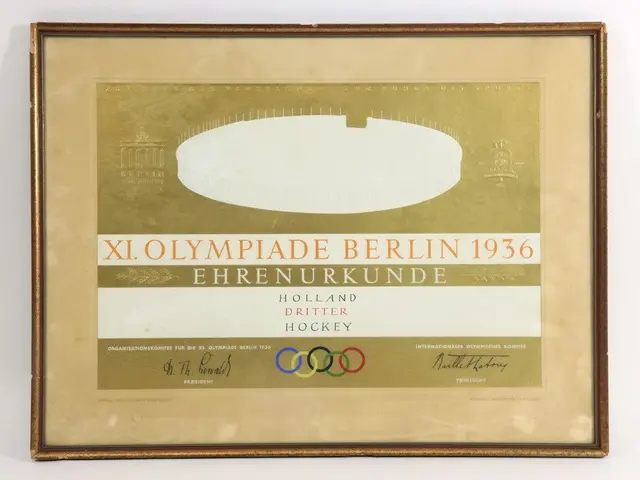The image shows a white background with a picture frame containing a poster for the 1936 Olympic...