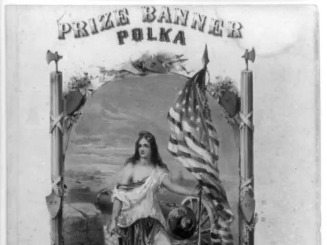 The image shows a black and white poster of a woman holding a flag with the words "Our Glorious...