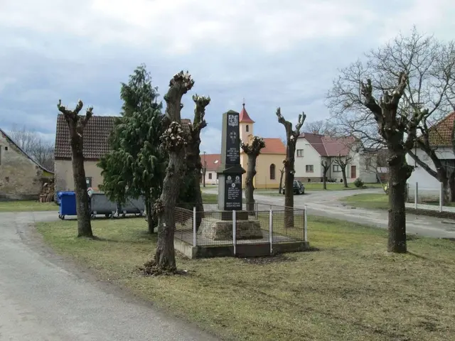 The image shows a small town with a cemetery in the middle of it, surrounded by trees, grass, a...