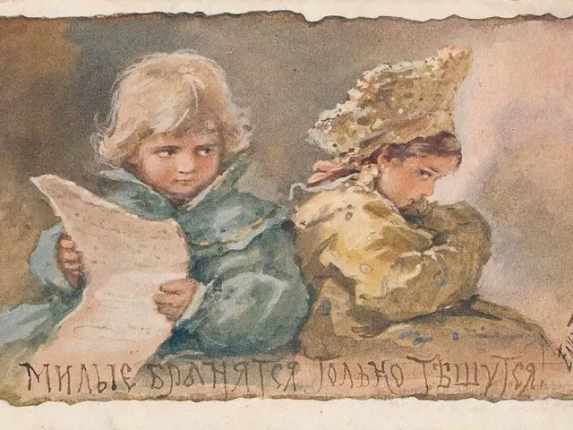 The image shows an old Russian postcard with two children reading a newspaper. The postcard has...