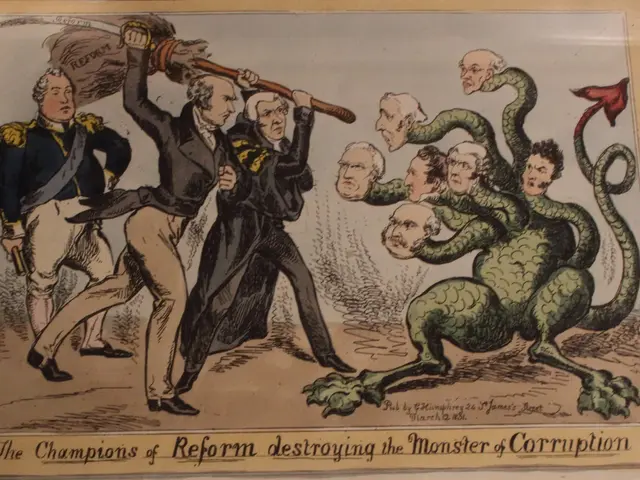 The image shows a paper with a cartoon depicting the champions of reform destroying the monster of...