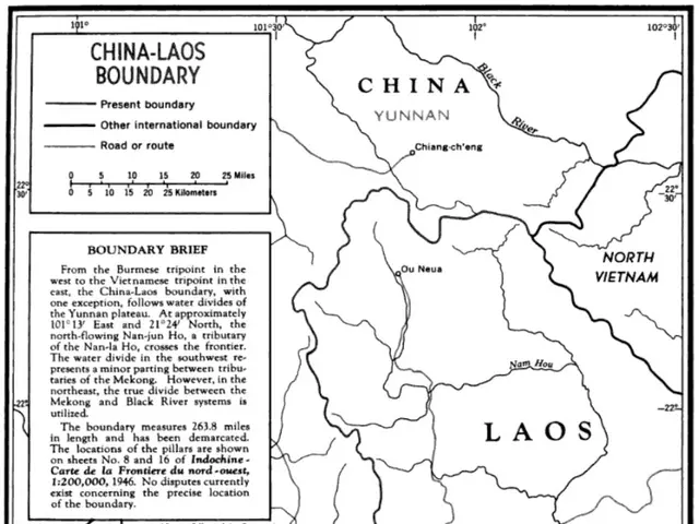 The image shows a black and white poster with a map of China and Laos, with text written on it. The...