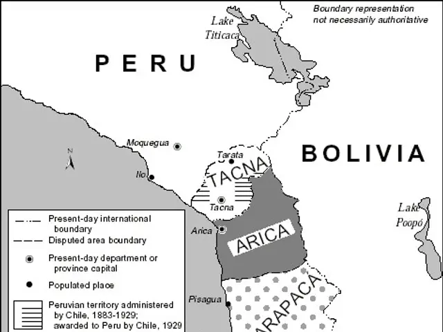 The image shows a poster with a map of Peru and Bolivia, highlighting the territorial boundaries of...