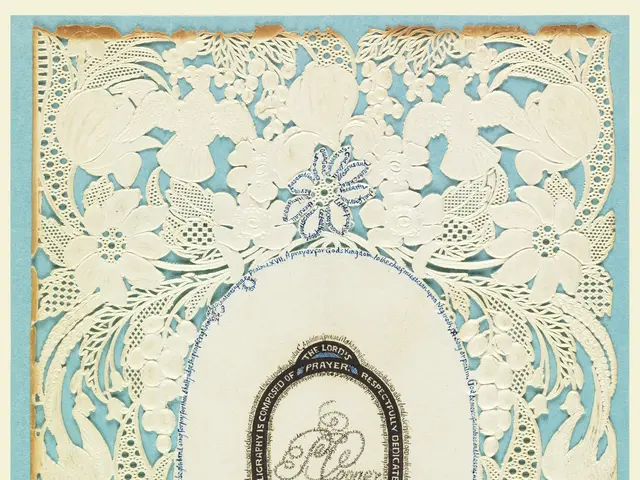 The image shows a blue and white wedding invitation with a floral design on it. The card is...