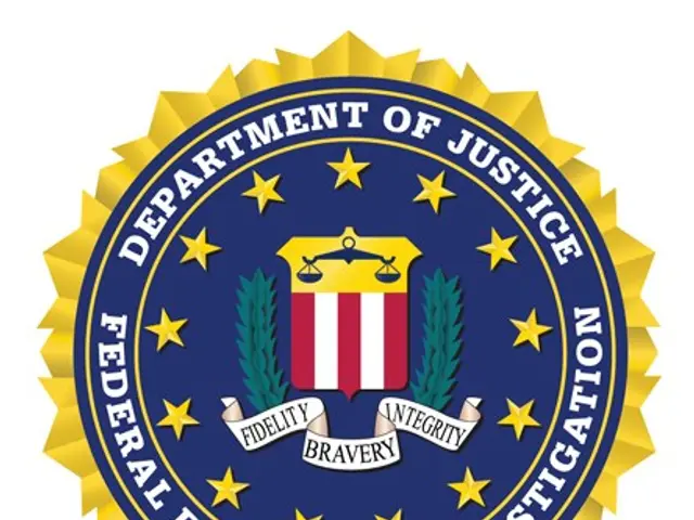 The image shows the logo of the Federal Bureau of Investigation, which consists of a blue circle...