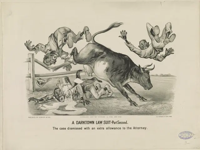 The image shows a paper with a drawing of a bull and several people falling off it, with a wooden...