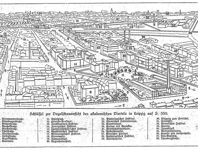 The image shows a black and white drawing of a city with lots of buildings, trees, and poles. At...
