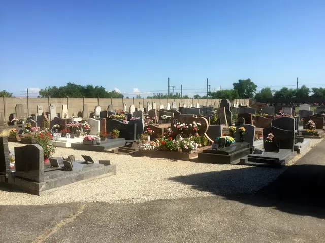 The image shows a cemetery filled with lots of tombstones and flowers, with a wall in the...