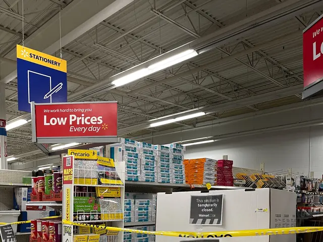 The image shows a store filled with lots of boxes and signs on the floor, racks with various...