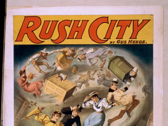 The image shows a poster with a group of people in the center, surrounded by text that reads "Rush...