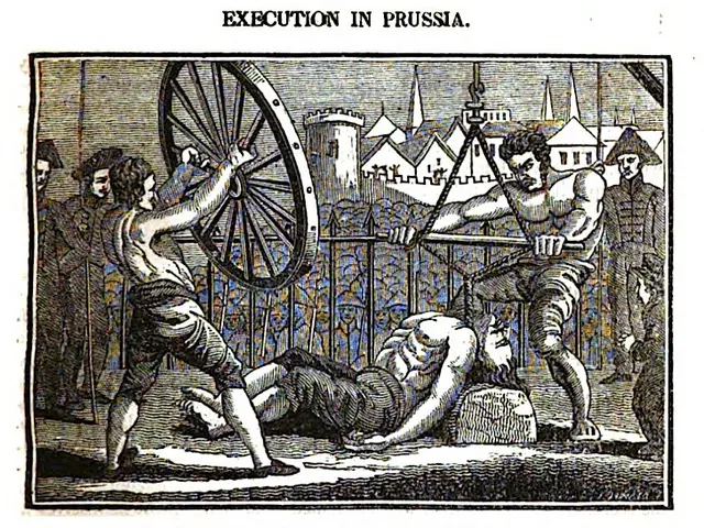 The image shows a poster depicting a scene of execution in Prussia, with two men holding a wheel...