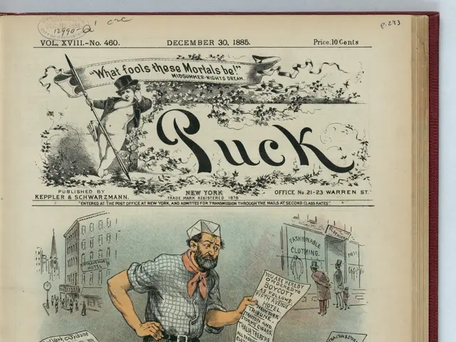 The image shows an old book with a cartoon of a man standing in front of it. The man is wearing a...
