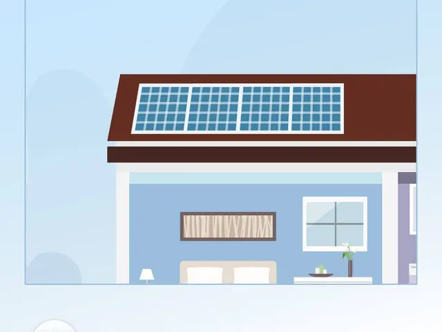 The image shows a poster of a house with solar panels on the roof, along with text and a logo. The...