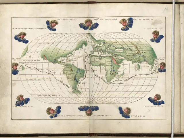 The image shows an open book with a map of the world on it. The map is detailed and shows the...