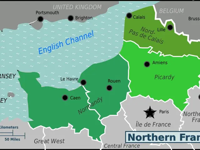The image shows a map of Northern France with the English Channel highlighted in green. The text on...