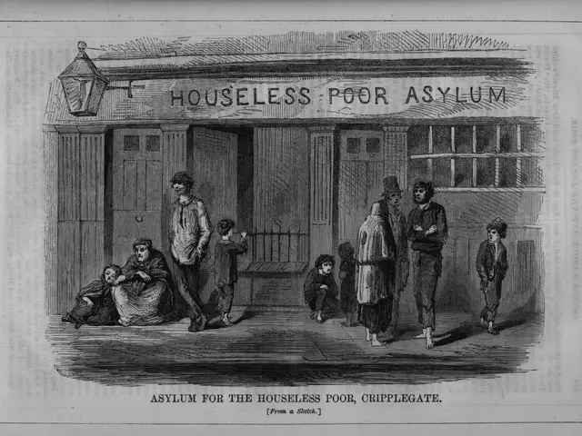 The image shows a black and white drawing of a group of people standing in front of a building with...