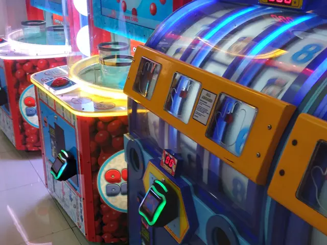 The image shows a row of arcade machines sitting on top of a tiled floor, with a banner on the left...
