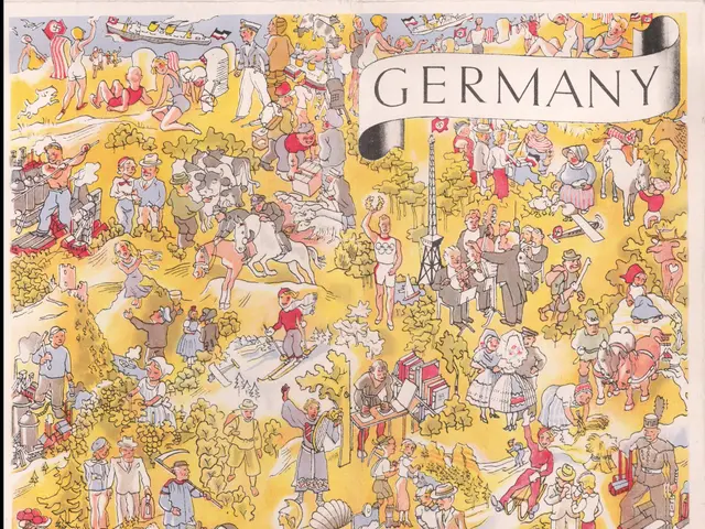 The image shows a poster with a black background featuring a map of Germany with a bunch of people...