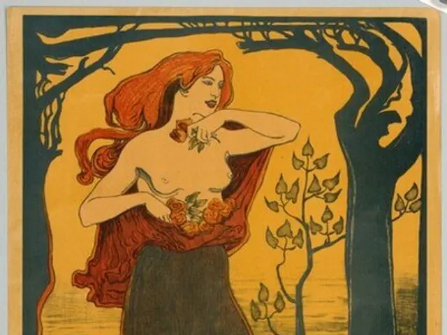 The image shows a poster advertising a Berliner secession, featuring a woman standing in front of a...