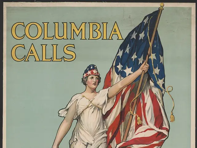 The image shows a poster of a woman holding a flag and a sword, with the words "Columbia Calls -...