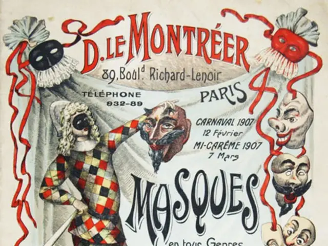 The image shows a poster advertising a carnival in Paris, France. It features a person wearing a...