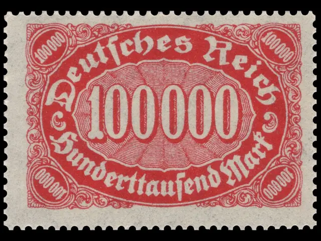 The image shows a red stamp with the words "Deutsches Reich" written on it against a black...