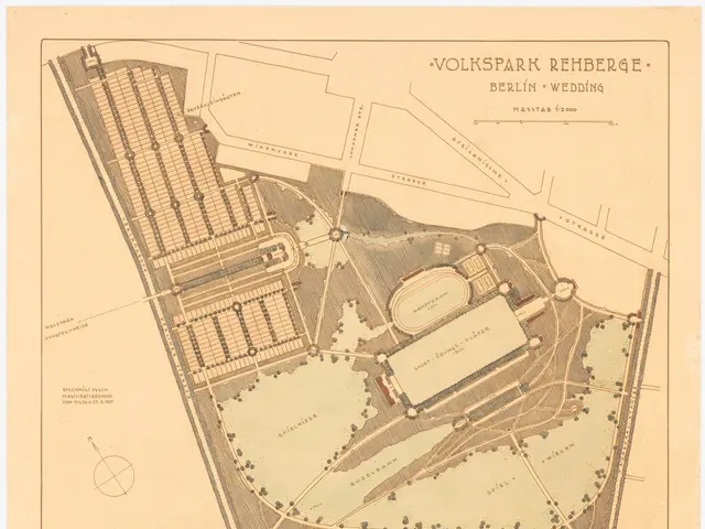 The image shows an old map of the city of Berlin, Germany, with the Volkspark Rehberg in the...