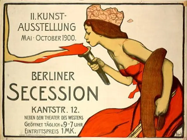 The image shows a poster advertising a Berlin secession in 1900, featuring a woman in a red dress...