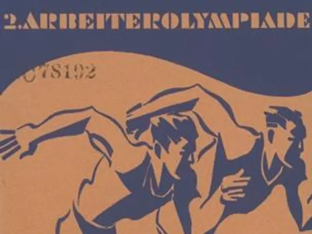The image shows a poster for the 1932 Berlin Olympics, featuring two people running in the...